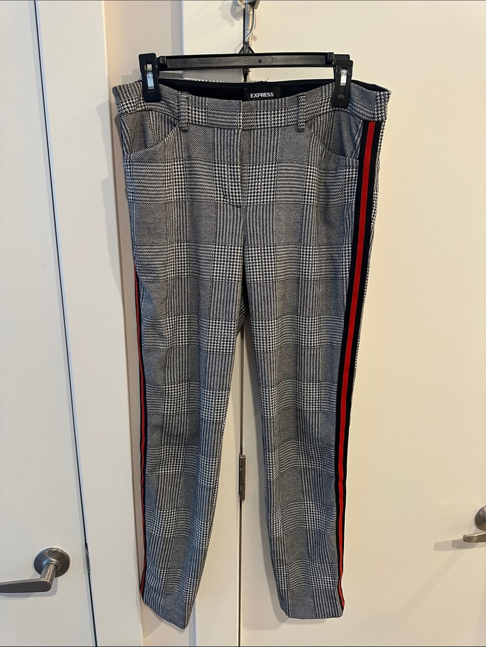 Express Plaid Dress Pants with Red and Black Side Stripes